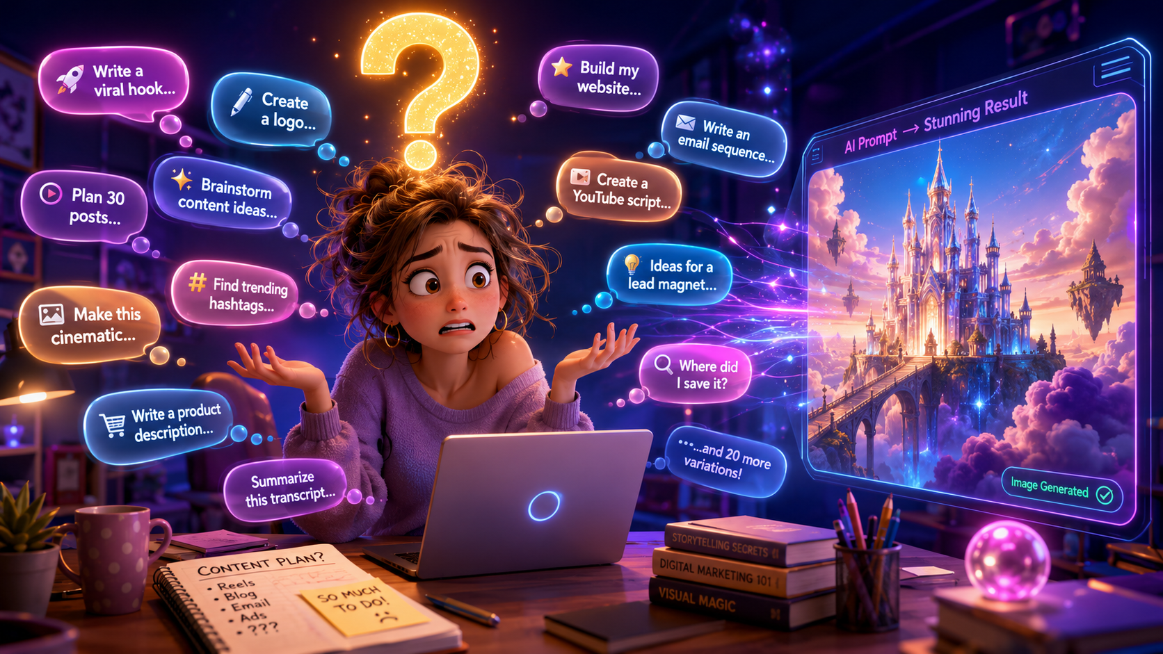 Frazzled creative surrounded by floating AI prompts and a generated fantasy castle